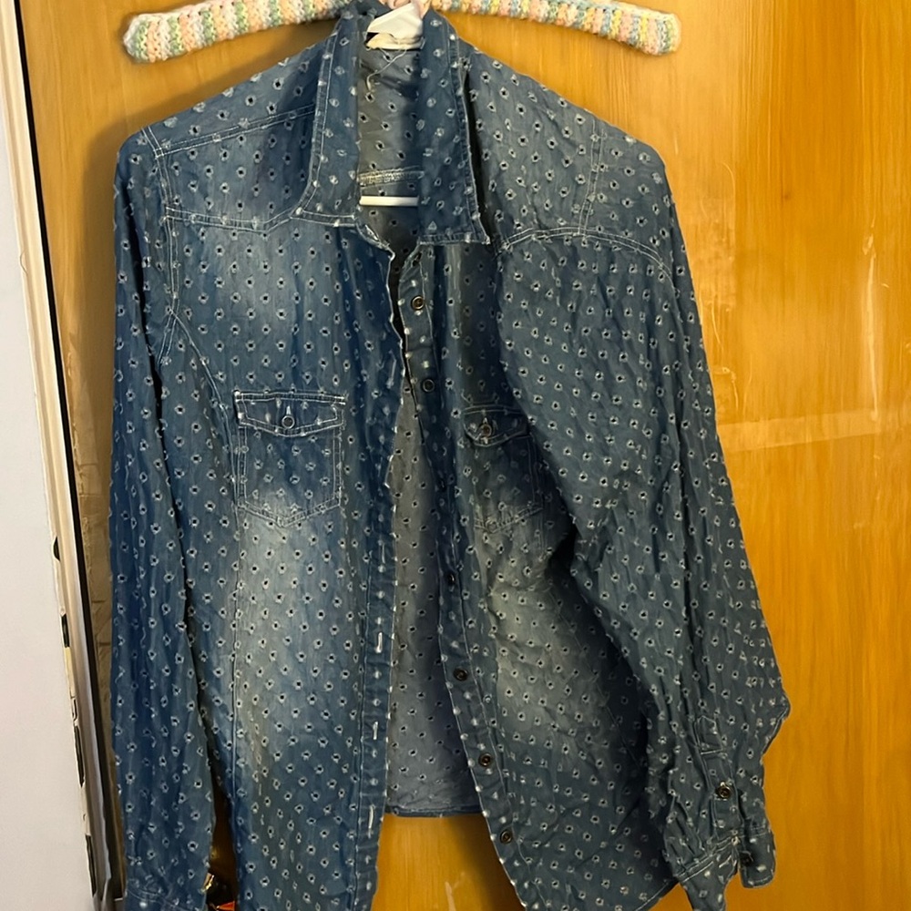 Tribal Jeans Denim Cut Out Button Down Shirt Size L EUC
